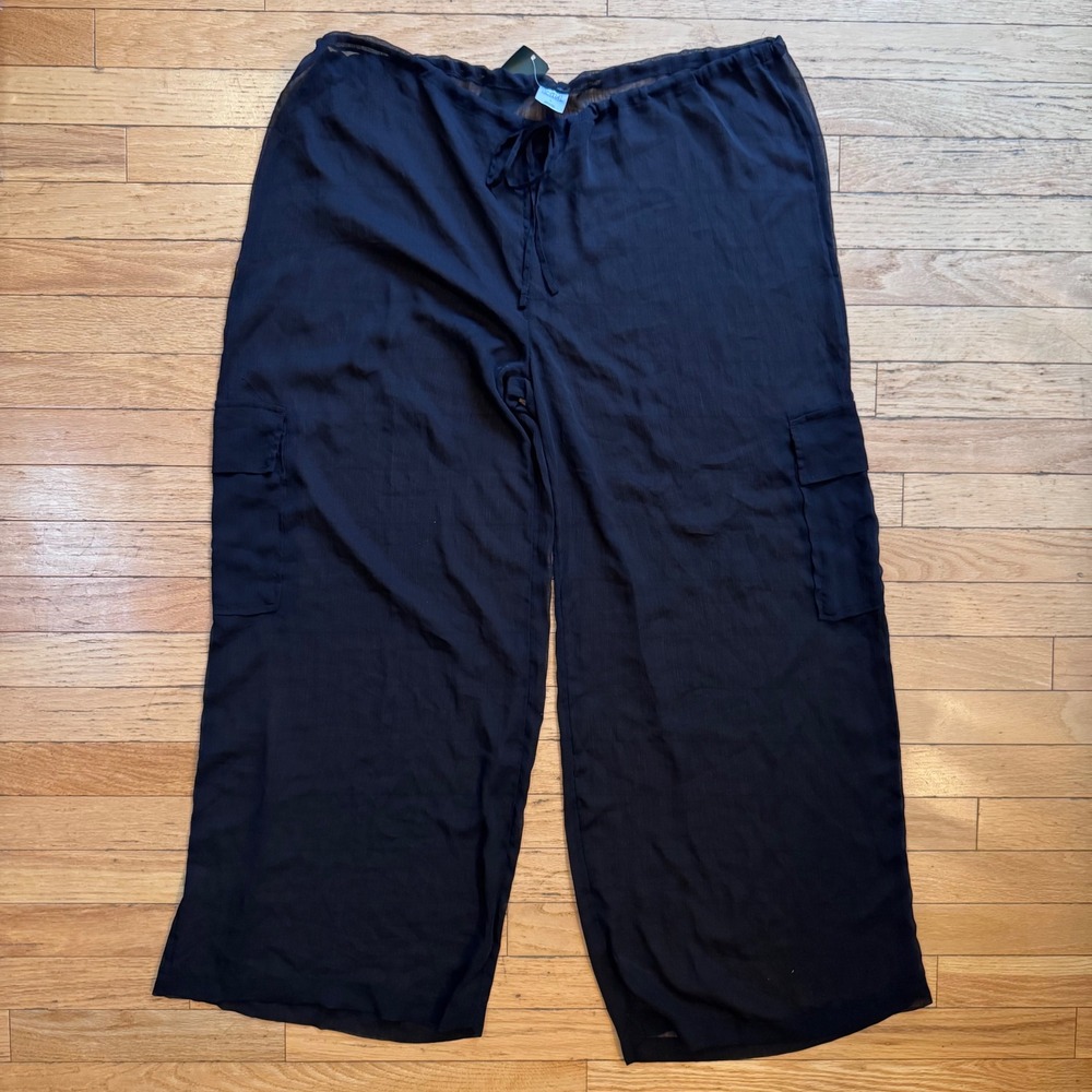Wild Fable Womens Black Sheer Cargo Pants Wide Leg Drawstring Size L 12-14 New